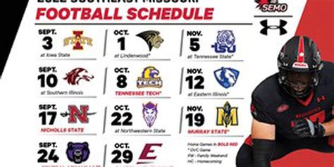 Semo football schedule - The official 2023 Football schedule for the Southern Illinois University Salukis. ... Football Facilities Tour; Player Development; Playoff History; Recruiting Questionnaire; Saluki Stadium Photo Gallery; 1983 National Championship; 3-D …
